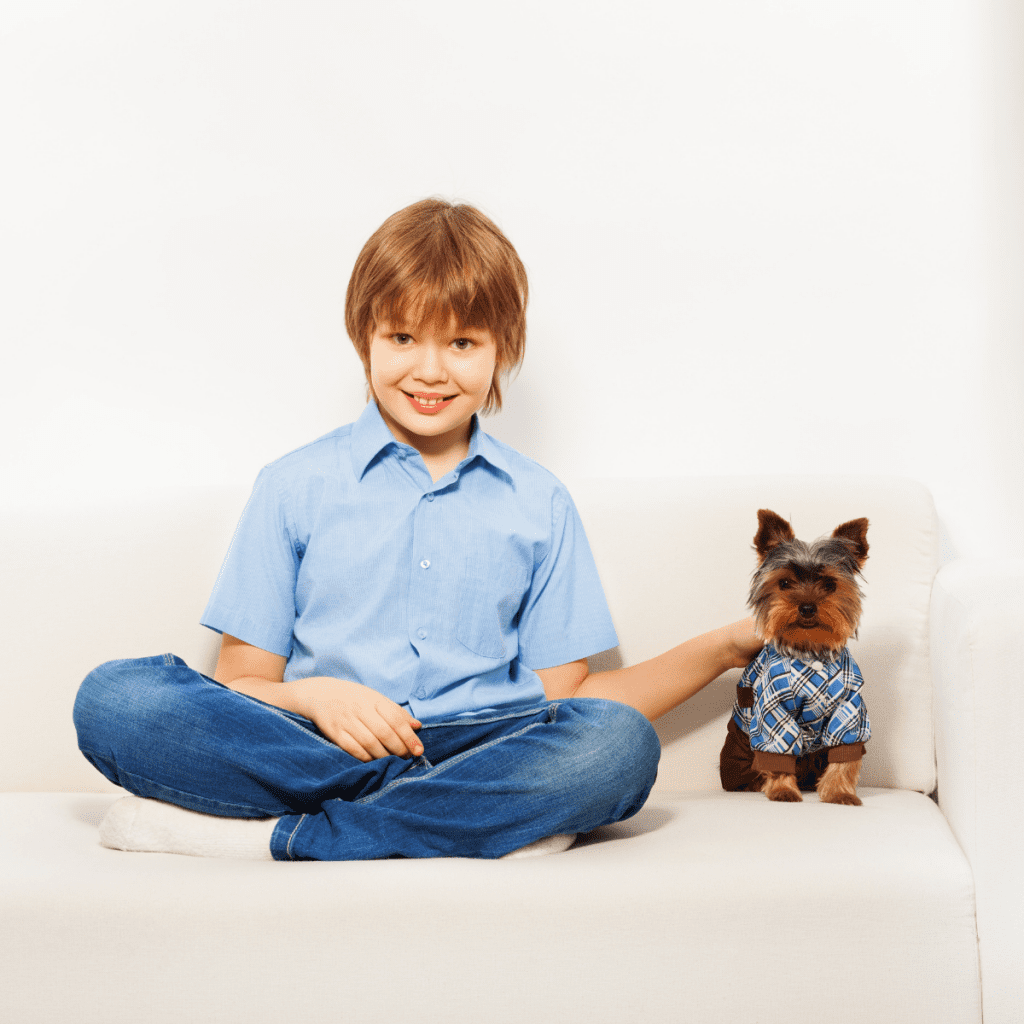 Child sitting nicely with a Yorkshire Terrier dog