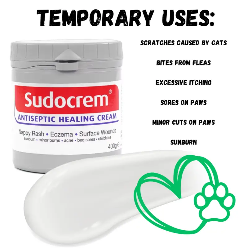In the picture, there's a jar of Sudocrem with a smear of the cream on the side. There's a heart with a paw inside it on the jar. The text next to the jar lists how it can help dogs: healing scratches from cats, soothing bites from fleas, relieving itching, treating sores and minor cuts on paws, and aiding sunburn recovery.