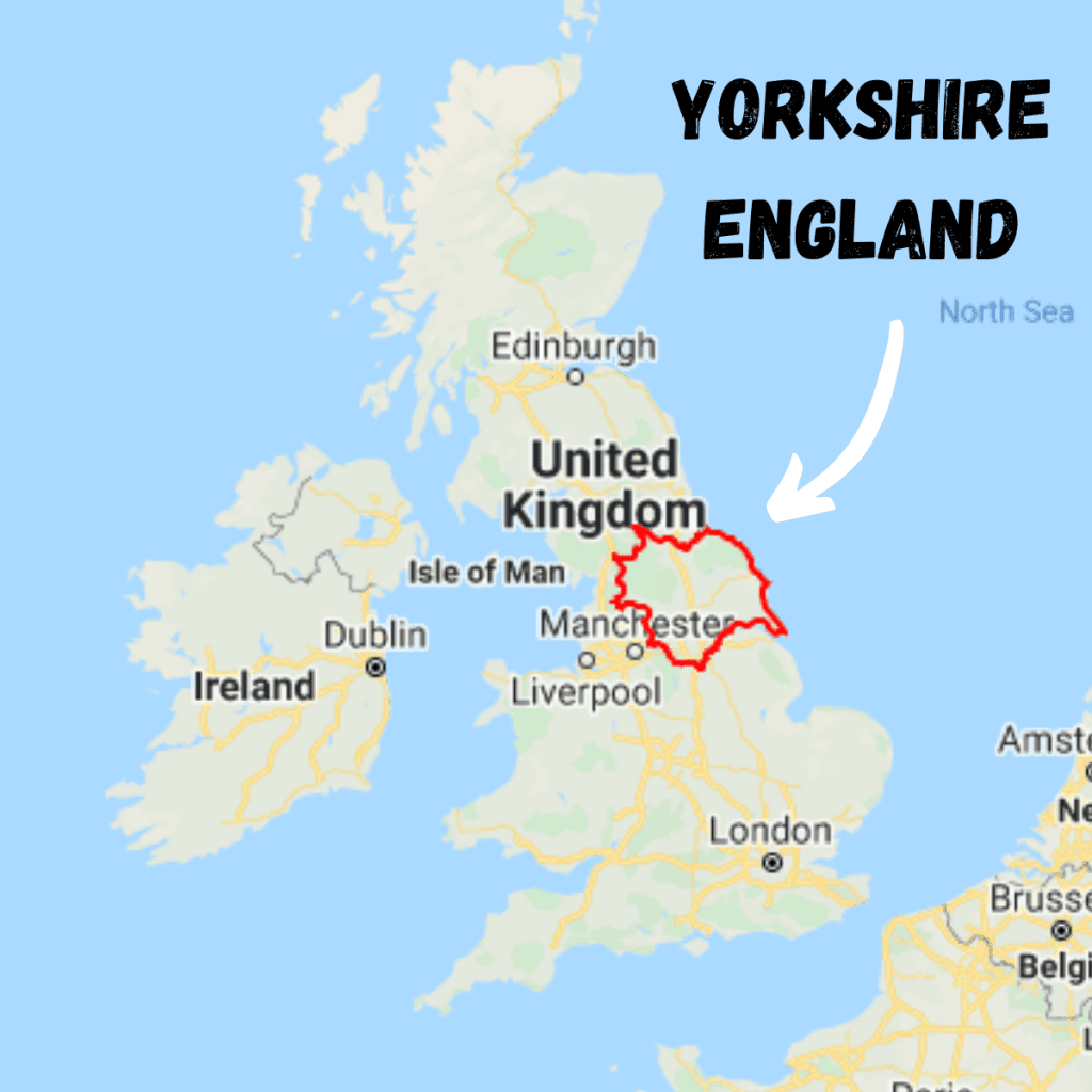 Map of England with an arrow pointing to Yorkshire