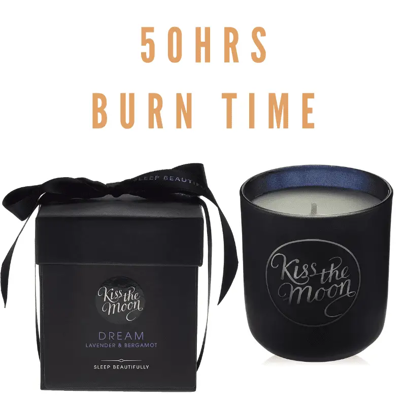 Kiss the Moon Candle and box, text saying 50 hours burn time
