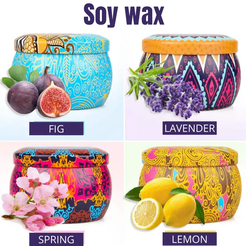 four soy wax candles, colourful packaging