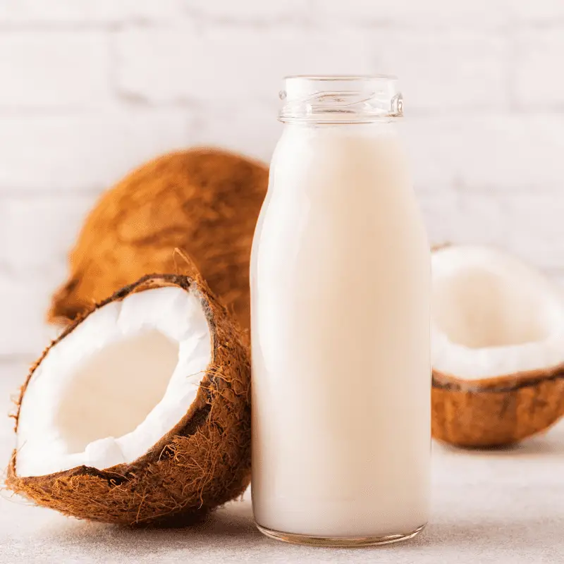 Coconut milk in a bottle with coconuts whole