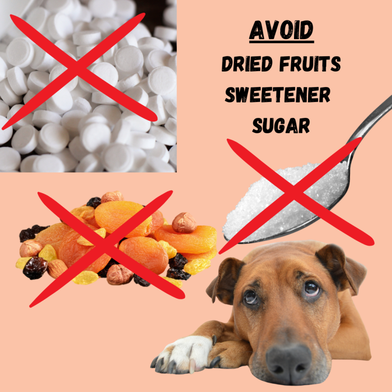 Sugar, dried fruit and sweetener, with a dog looking up worried, and a red cross over each ingredient