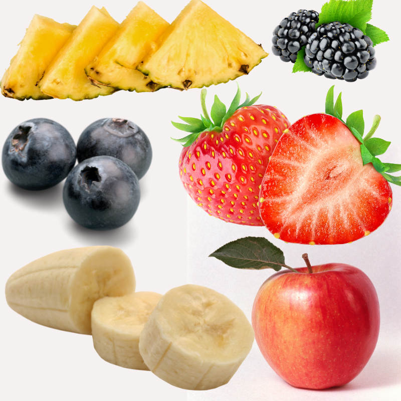 A collage of fruit - strawberries, bananas, pineapple, blueberries, blackberries or apples.