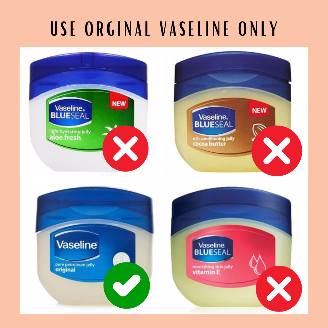 Images of four variants of Vaseline, cocoa butter, Aleo fresh, vitamin E, and original. Red crosses on all apart from the original Vaseline.