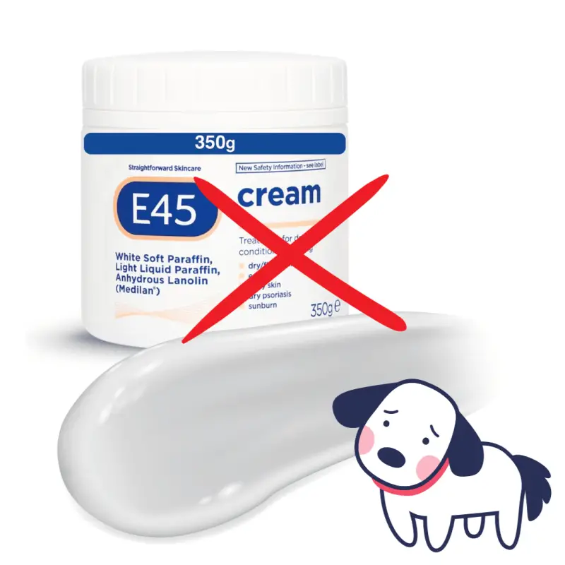 E45 cream, a sad cartoon dog and a red cross over the E45 tub