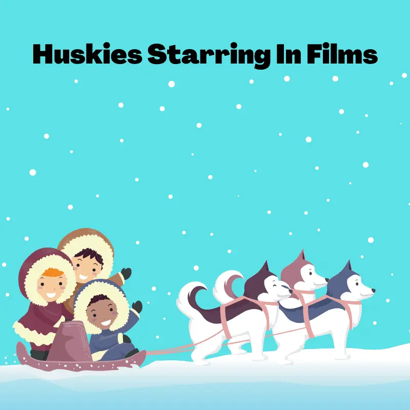 Cartoon of Siberian Huskies pulling a sled with three kids on the back