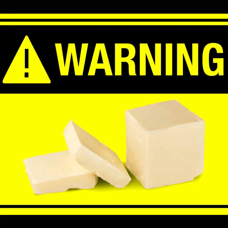 Images of butter with a warning sign to indicate their harmful effects on dogs.
